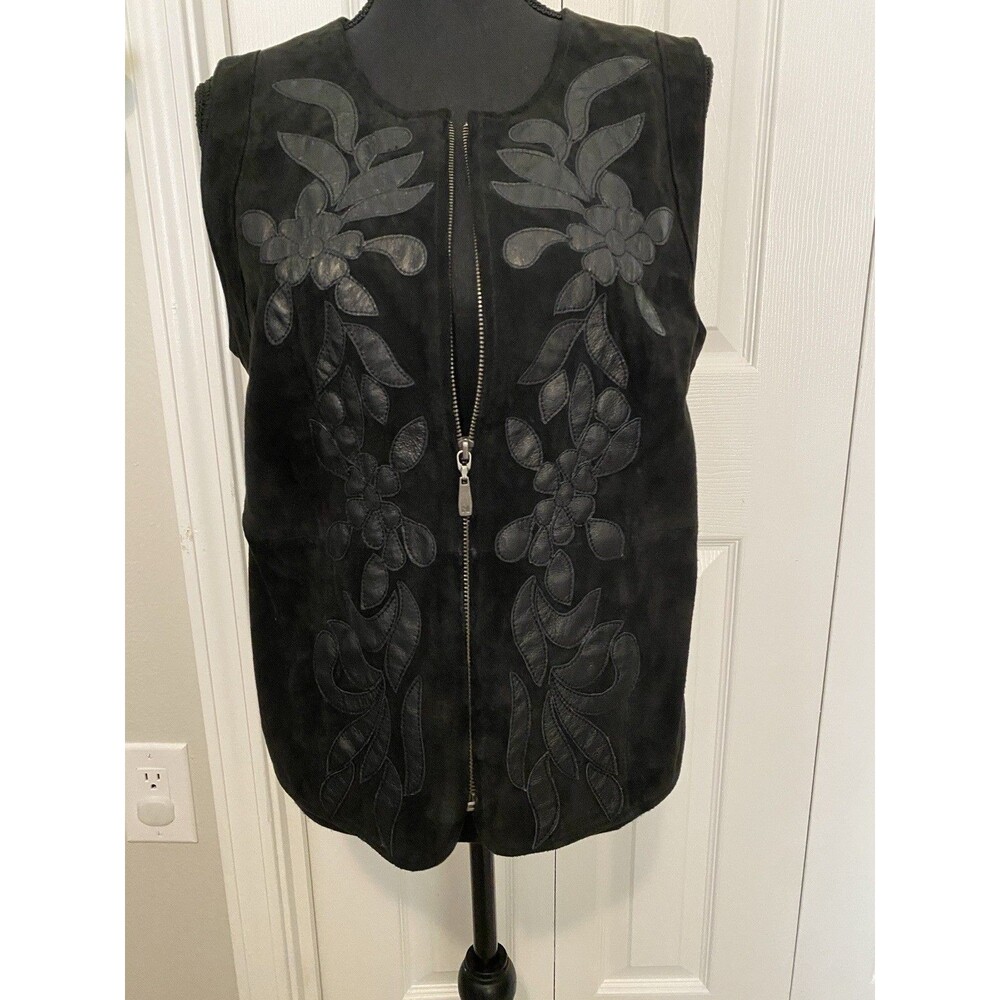 VTG Peter Nygard Black Suede Leather Floral Vest Zip Western Boho Sz M